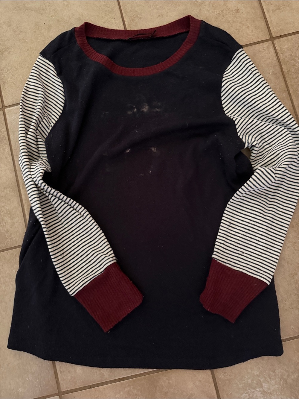 Doe & Rae Navy Top with White Striped Sleeves and Burgundy Trim